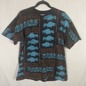 Vtg Oneita Power-T Mens L Black All Over Print Graphic Single Stitch Fish USA